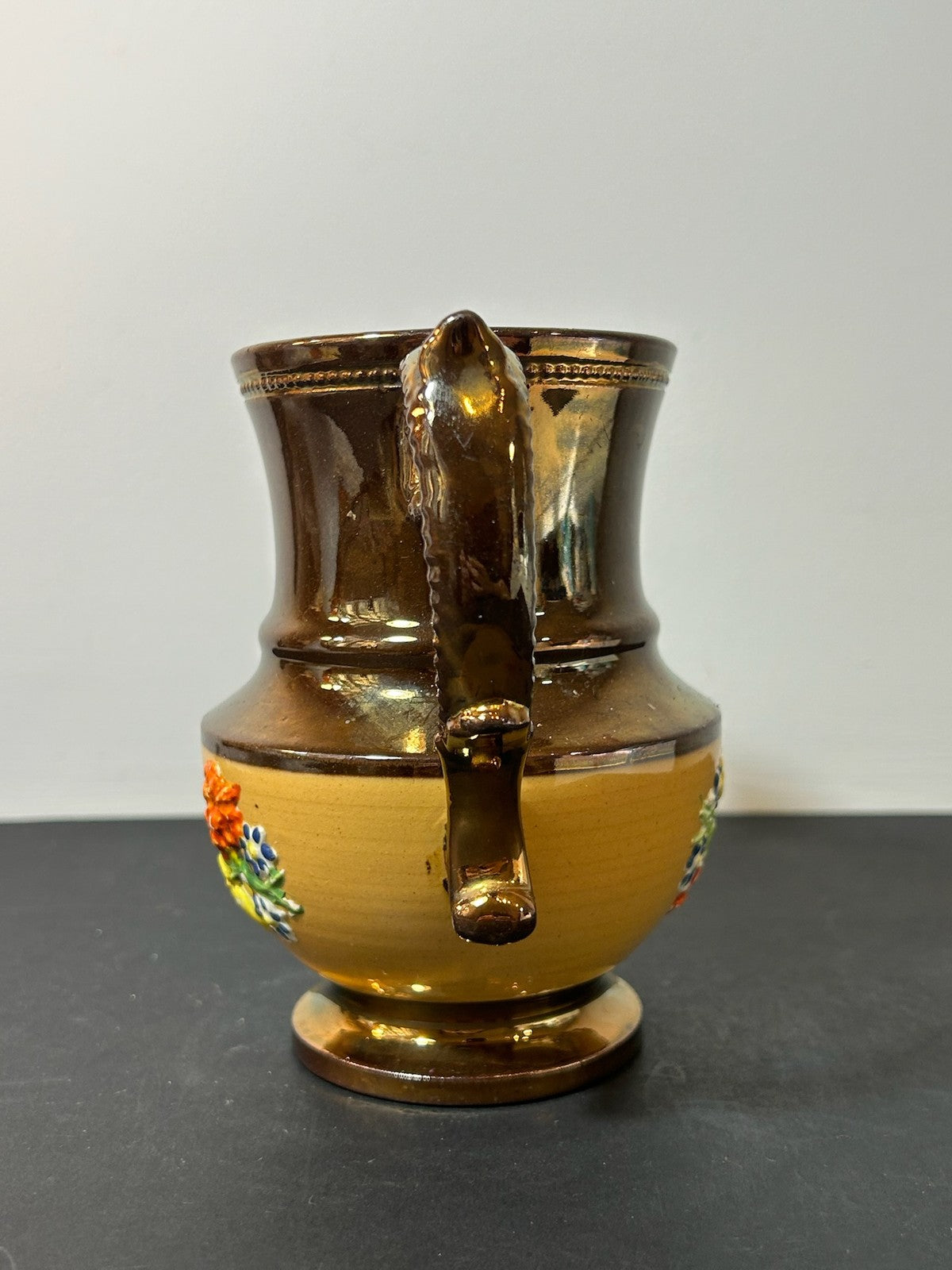 Victorian Copper Lustre Jug Yellow Band Moulded Flowers 15cm1