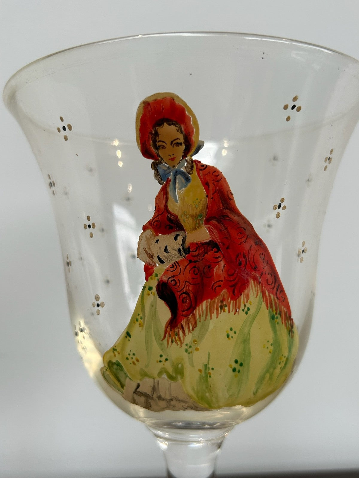 Antique Hand Painted Glass Goblet Lady in Crinoline Dress 19cm Pontil Mark2