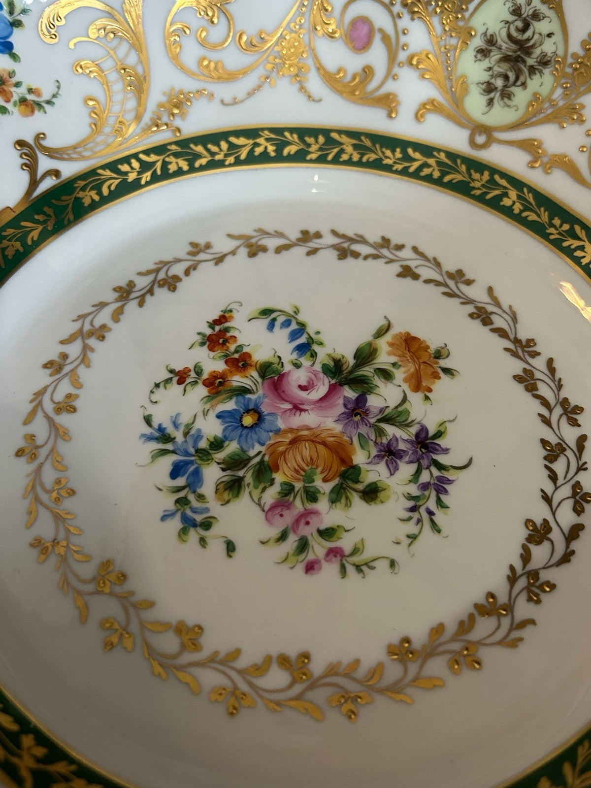 Le Tallec Paris Hand Painted Porcelain Bowl Green Gilt Border Floral Centre7