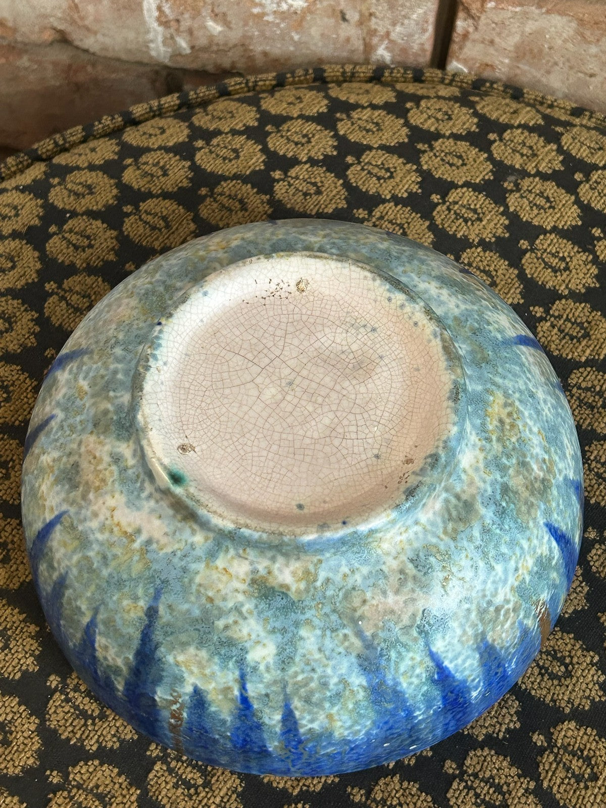 Vintage Studio Pottery Bowl Blue Drip Glaze Crackle Interior Art Pottery9