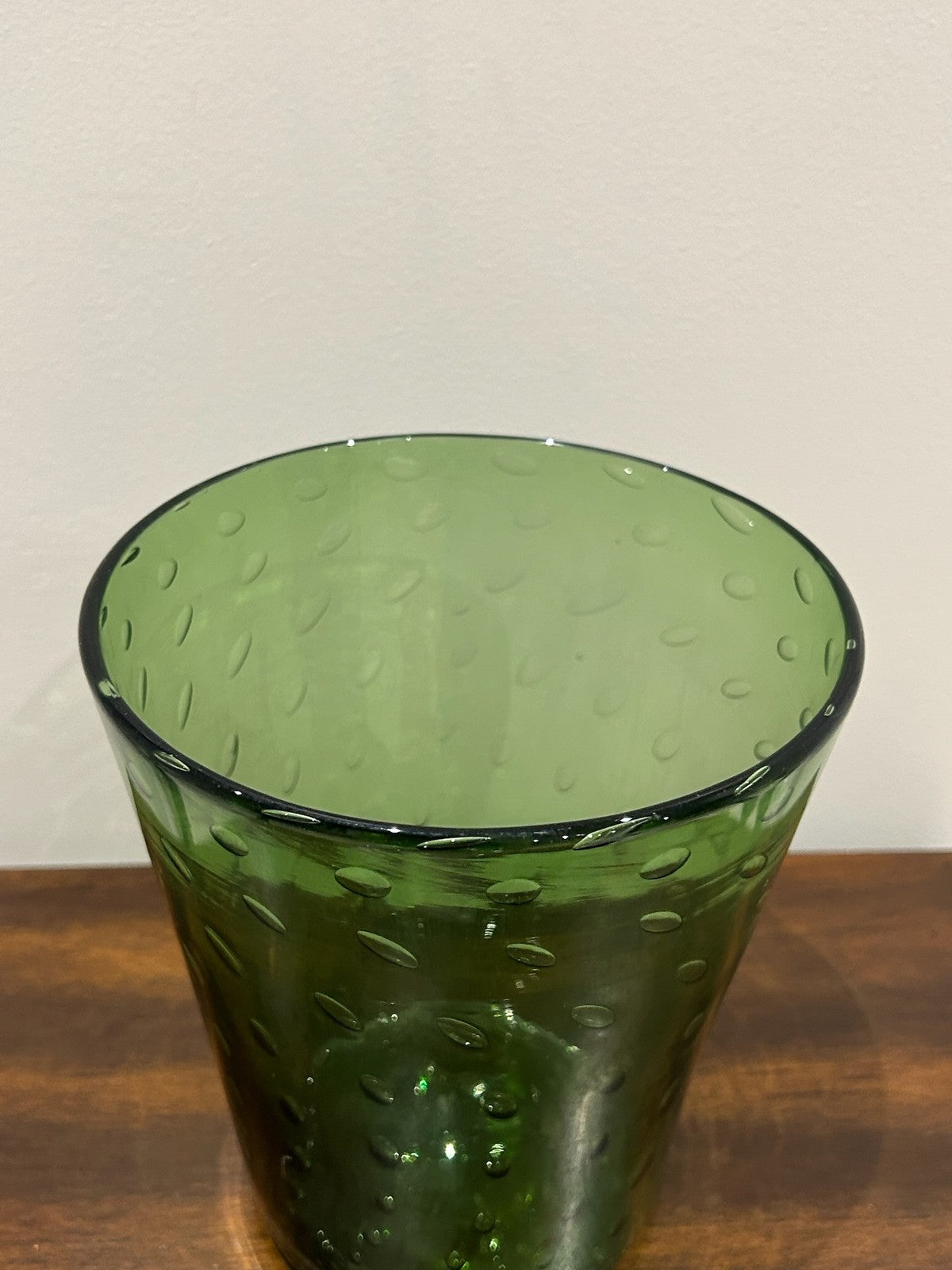 Green Art Glass Beaker Vase Controlled Bubbles Moulded Leaves6
