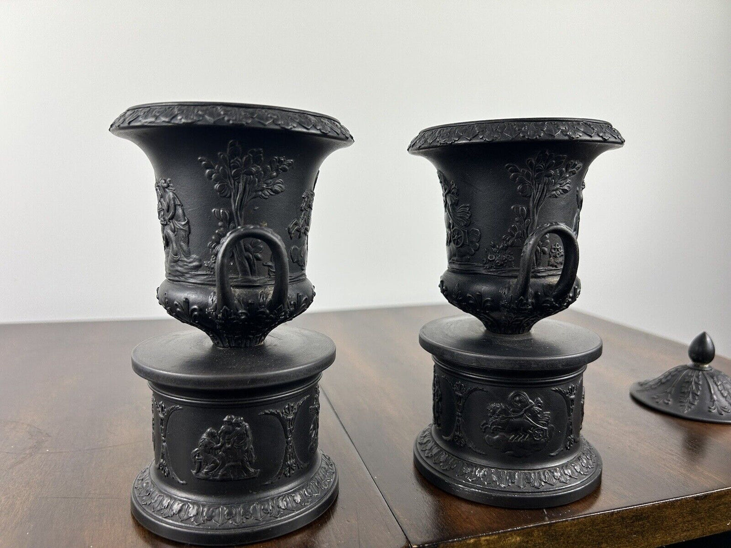 Pair Wedgwood Basalt Pedestal Urn Pair - 19th C Jasperware