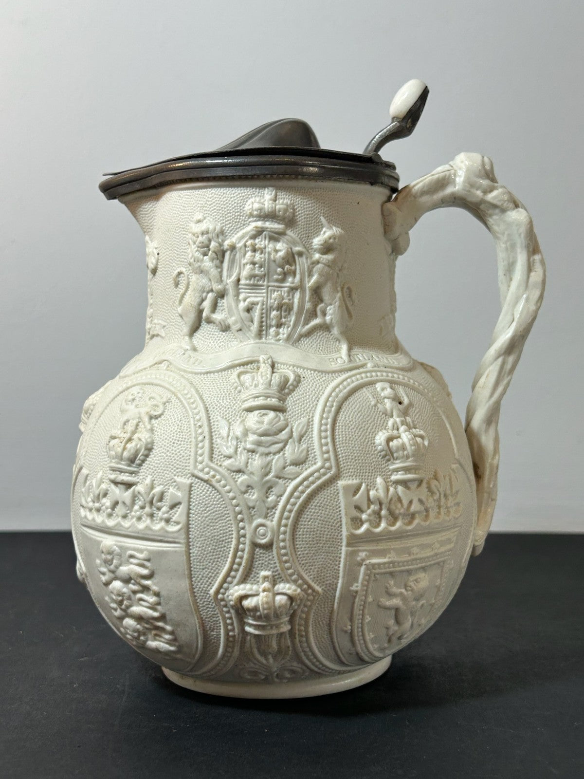 Victorian Relief Moulded Stoneware Jug Pewter Lid Gothic Figures Cobridge 18630