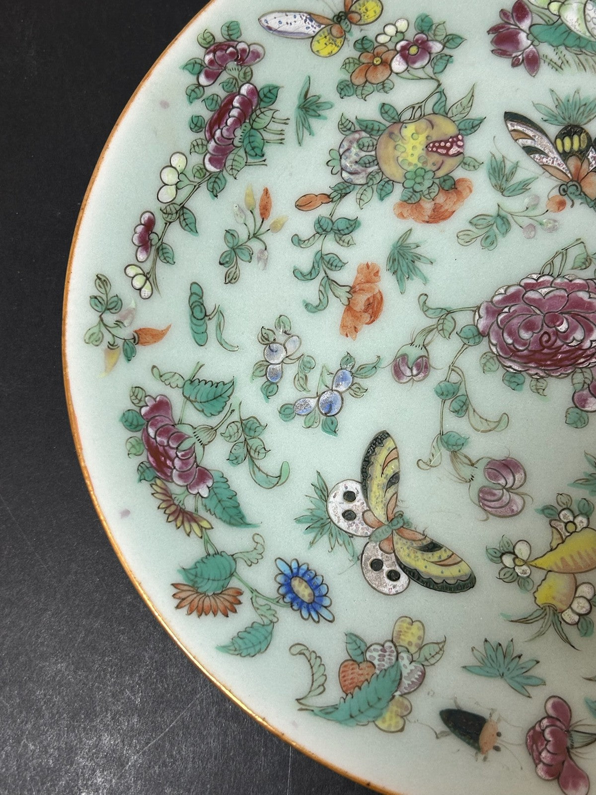 Antique Chinese Canton Famille Rose Plate Butterflies Birds Celadon Ground 24cm1