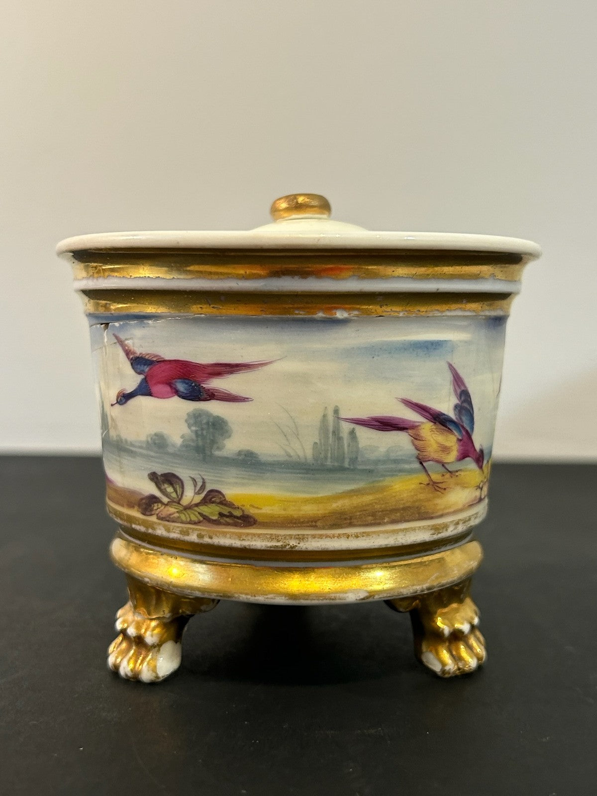 Antique English Porcelain Inkwell Painted Birds Gilt Lion Paw Feet c1820 A/F3