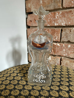 Vintage Glass Decanter with Stopper Enamelled Crest Gilt Barware