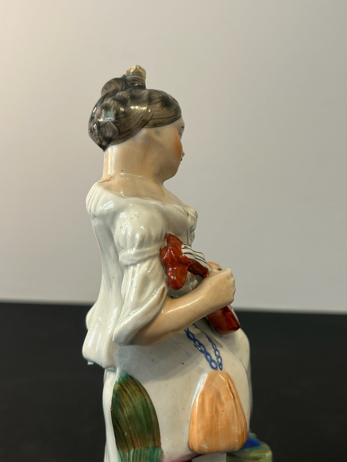 Antique Victorian Staffordshire Figure Seated Girl Playing Mandolin Flowers 20cm6