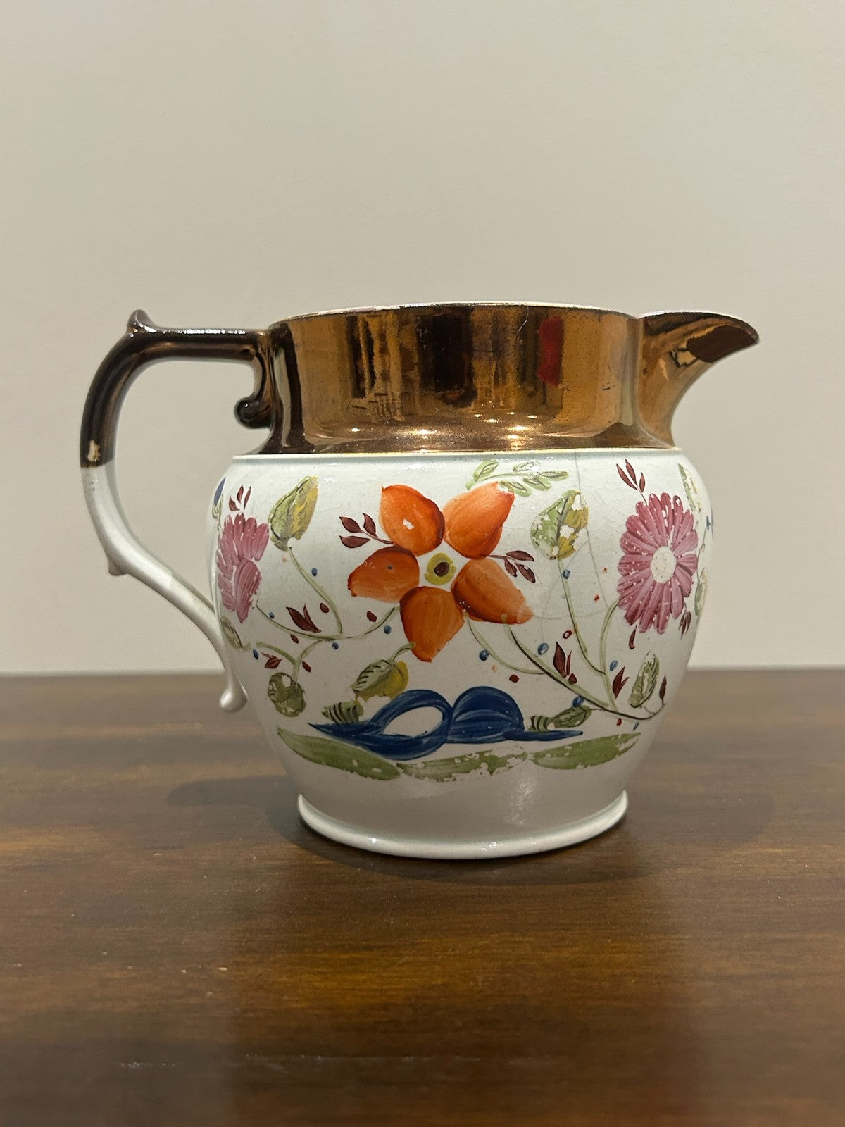 Victorian Copper Lustre Jug Hand Painted Floral Band A/F2