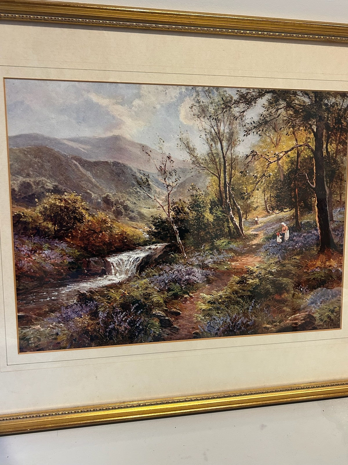 Antique Colour Print Autumn Woodland River Landscape Highland Stream Framed 56cm1