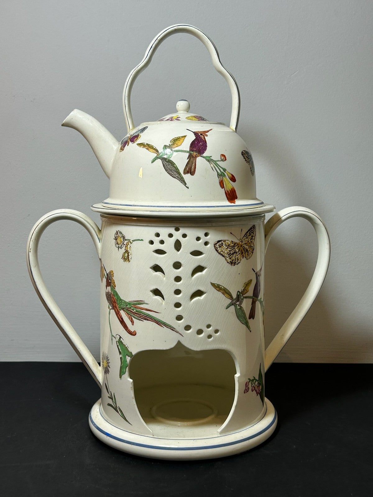 Antique Wedgwood Creamware Veilleuse Tea Warmer Painted Birds Butterflies c18201
