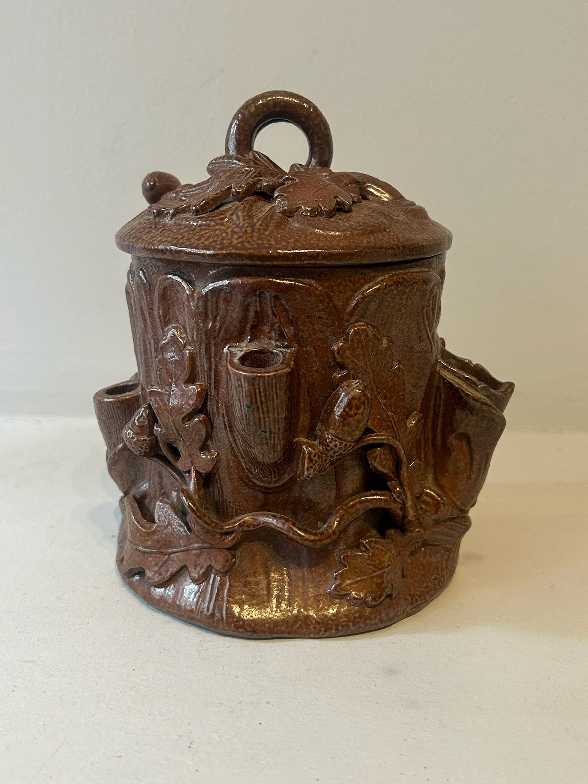 Antique 19thC French Salt Glazed Stoneware Tobacco Jar Oak Branch Acorn 14.5cm0