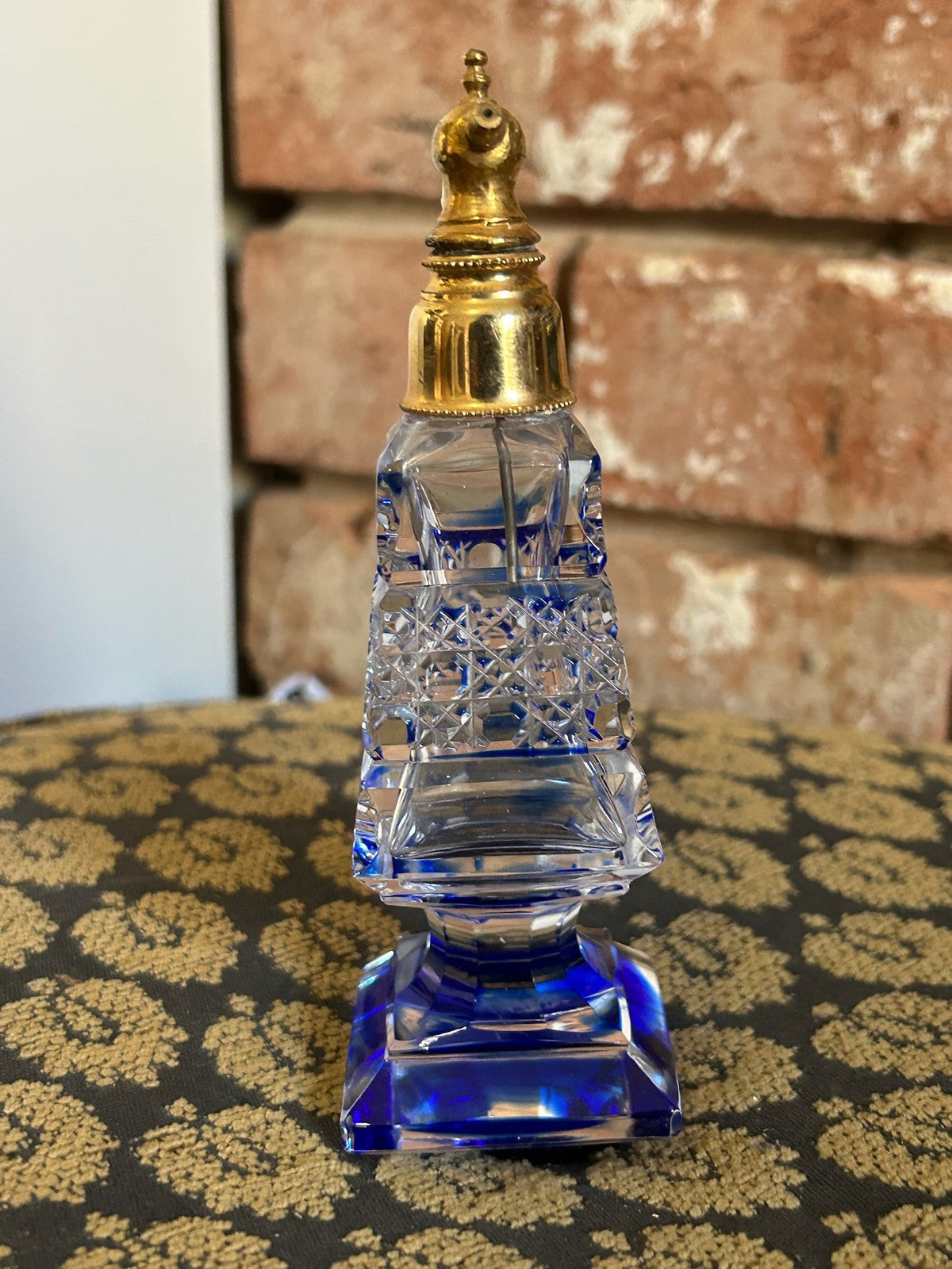 Vintage Czech Style Cut Crystal Perfume Atomiser Cobalt Blue Base Gilt Head1