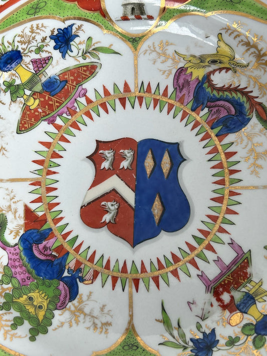 Antique Armorial Plate Heraldic Crests Dragons in Compartments Gilt 24cm0