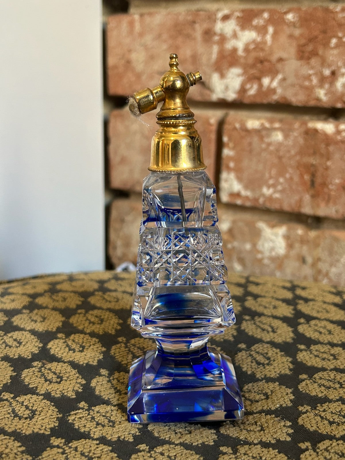 Vintage Czech Style Cut Crystal Perfume Atomiser Cobalt Blue Base Gilt Head0