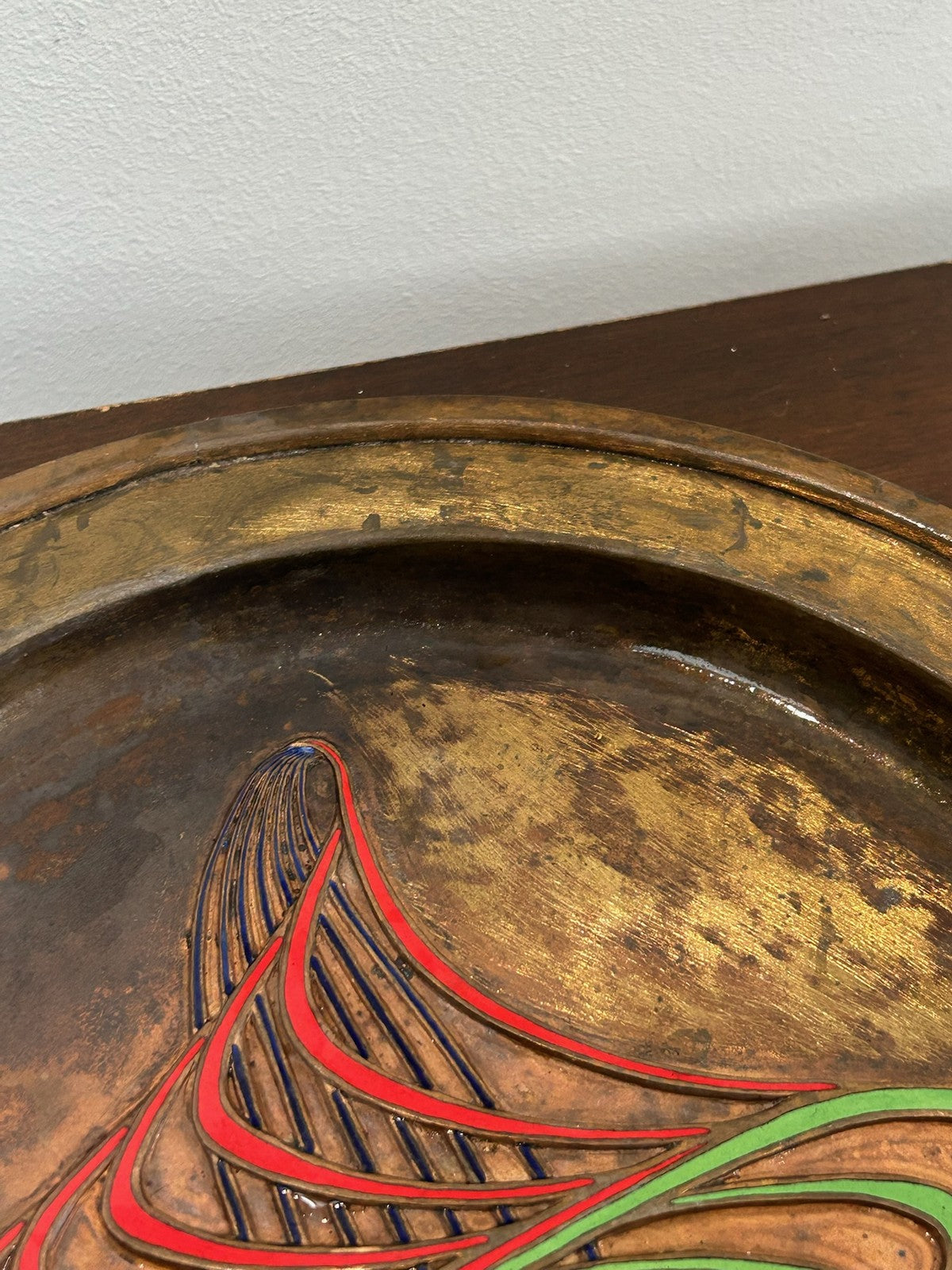 French Art Deco Dinanderie Copper Brass Tray Enamel Fan Motif c.1925405