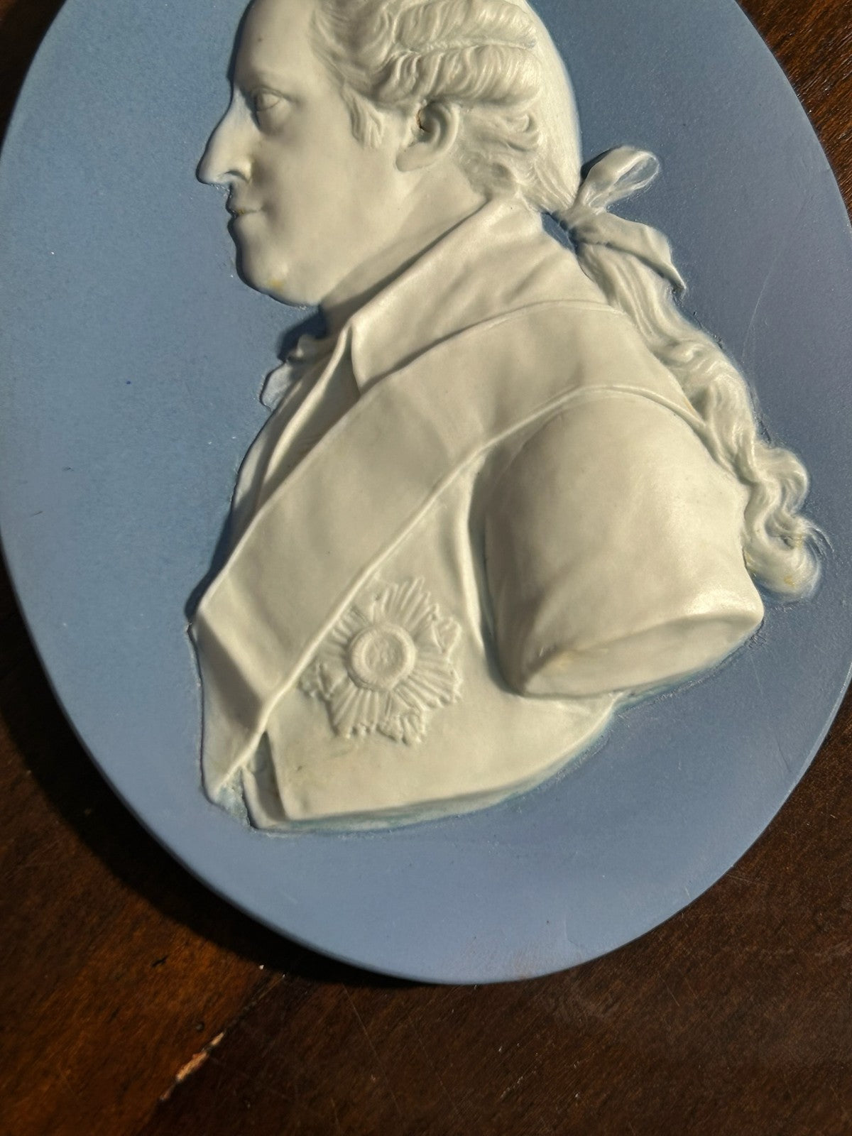 Antique 18thC Wedgwood Blue Jasper Portrait Medallion Nobleman Sash Star Incised2