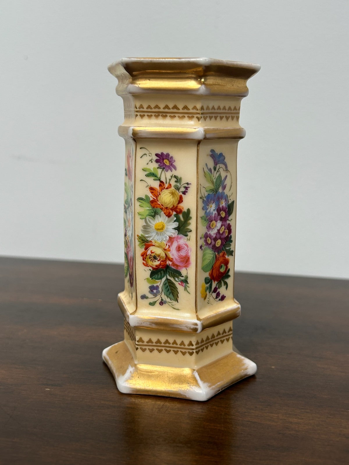 Antique Porcelain Hexagonal Spill Vase Gilt Ground Hand Painted Flowers0