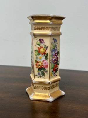 Antique Porcelain Hexagonal Spill Vase Gilt Ground Hand Painted Flowers