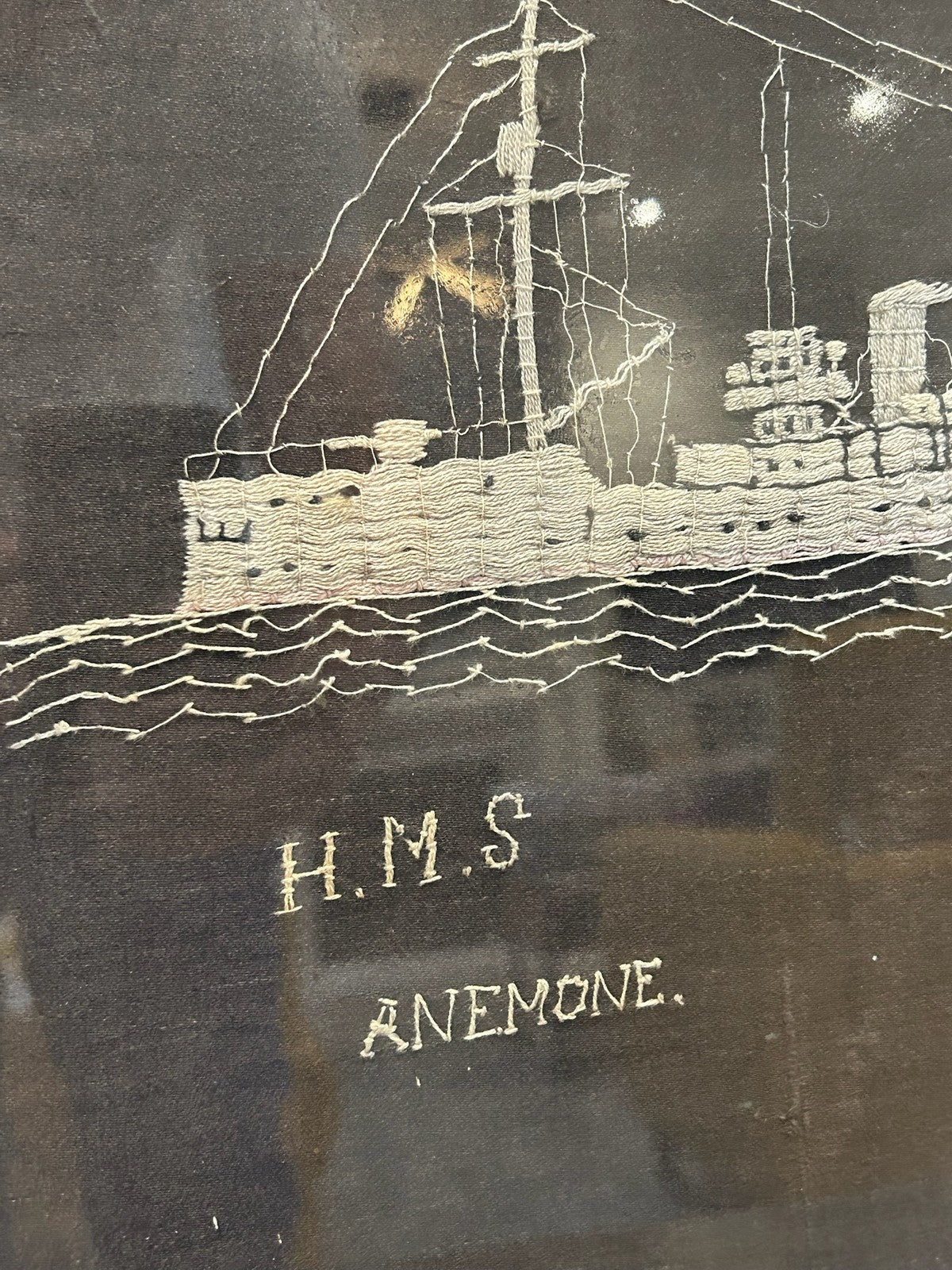 Antique WW1 Sailor Silkwork Embroidered Picture HMS Anemone Royal Navy Framed2
