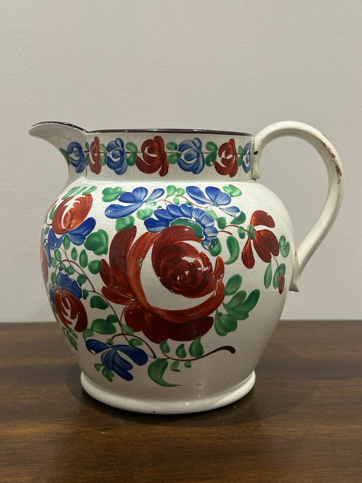 Georgian Pearlware Jug Hand Painted Enamel Red Roses Blue Border c.18200