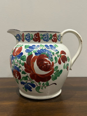 Georgian Pearlware Jug Hand Painted Enamel Red Roses Blue Border c.1820