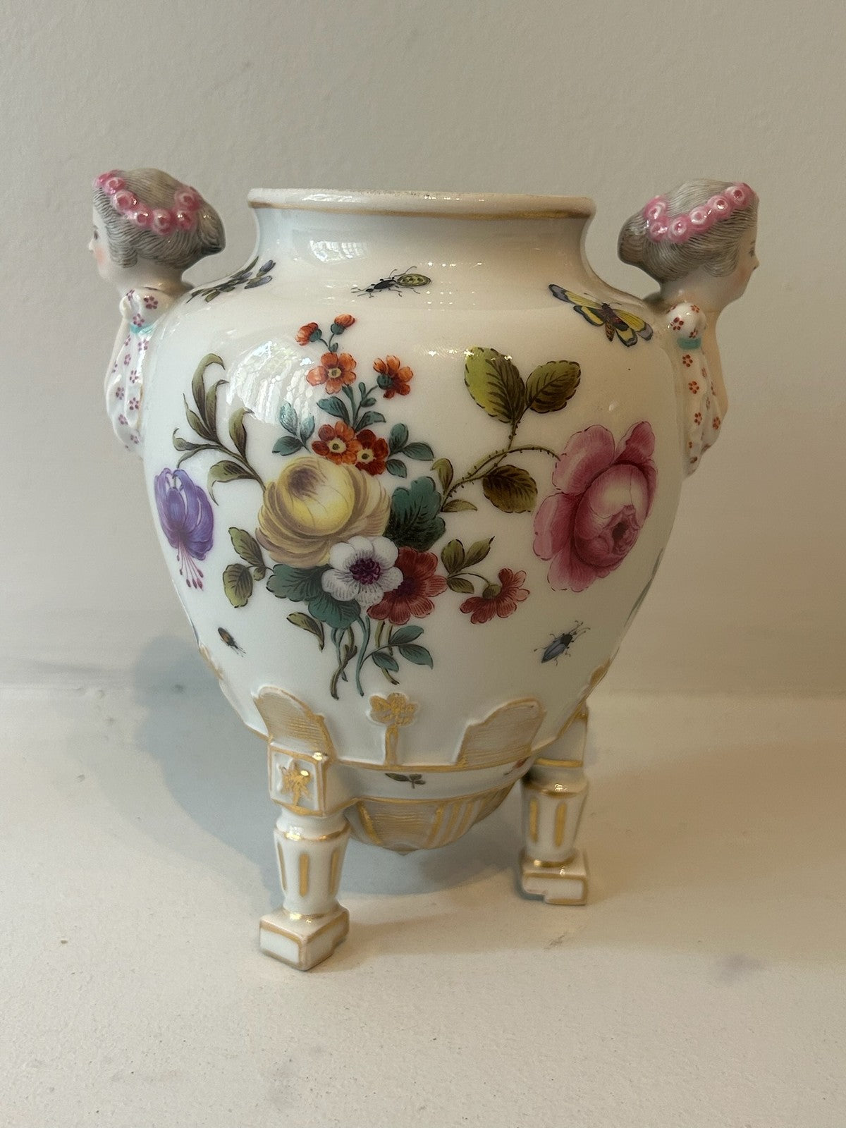 Antique Continental Dresden Style Porcelain Caryatid Vase Hand Painted 13.5cm4