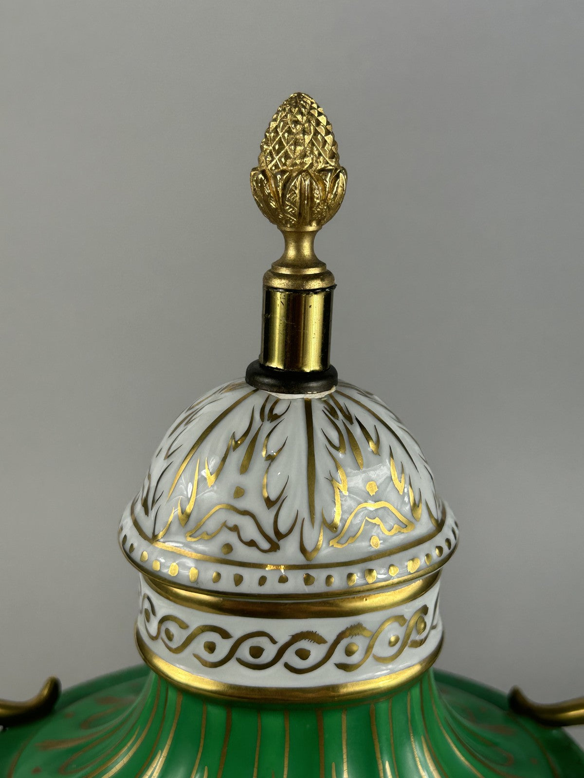 Dresden green porcelain ram’s head lamp base vase with finial