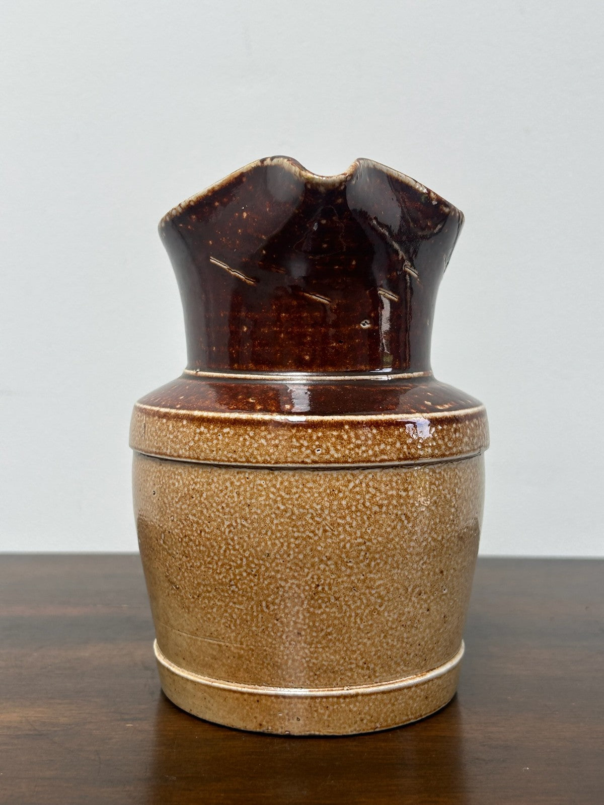 Antique Salt Glaze Stoneware Basket Bowl Two Tone 19thC Brown1