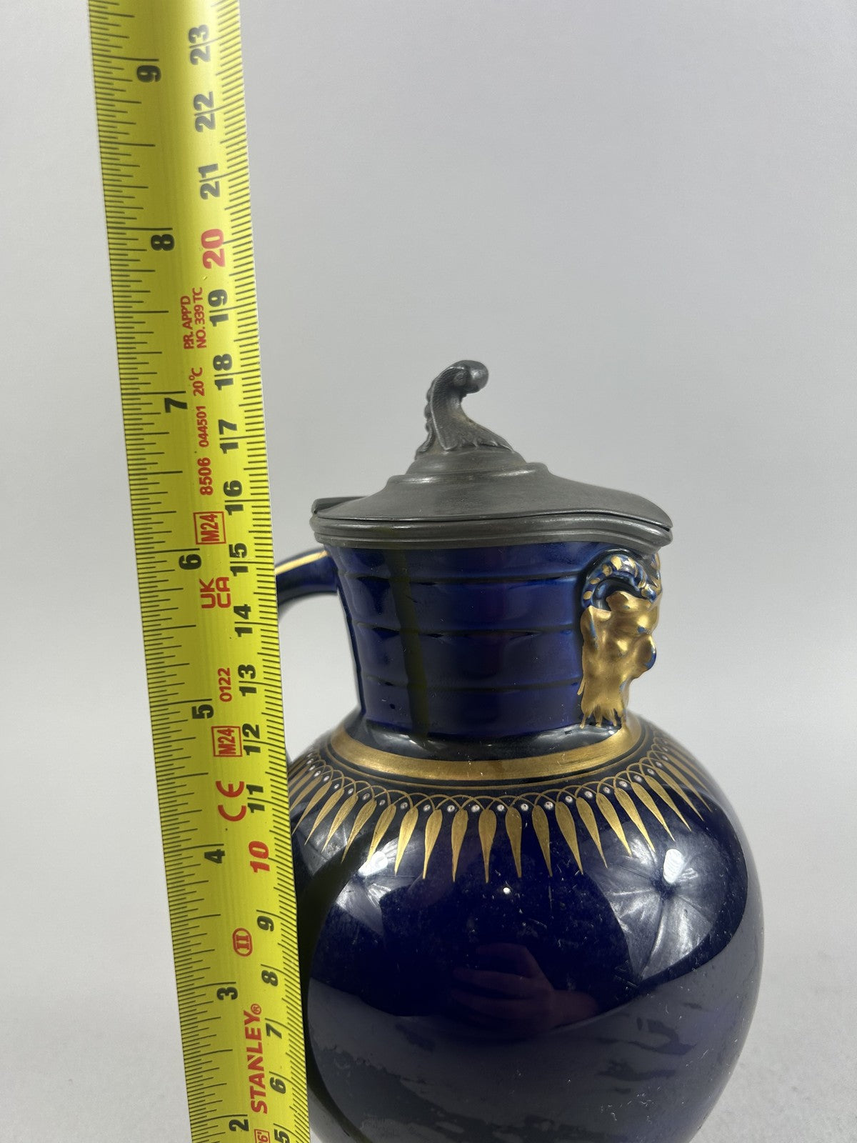 Wedgwood Victorian Blue and Gold Doric Jasperware Jug with Pewter Lid