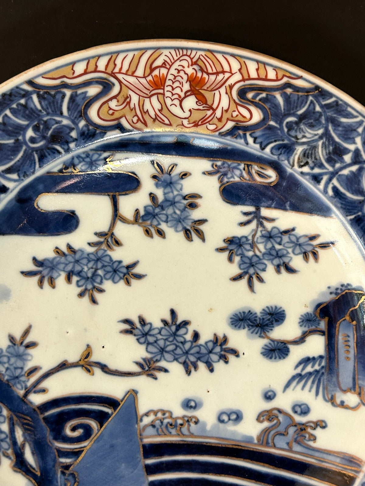 18th Century Japanese Arita Imari Dish Edo Pine Waves Chenghua Mark 24cm2