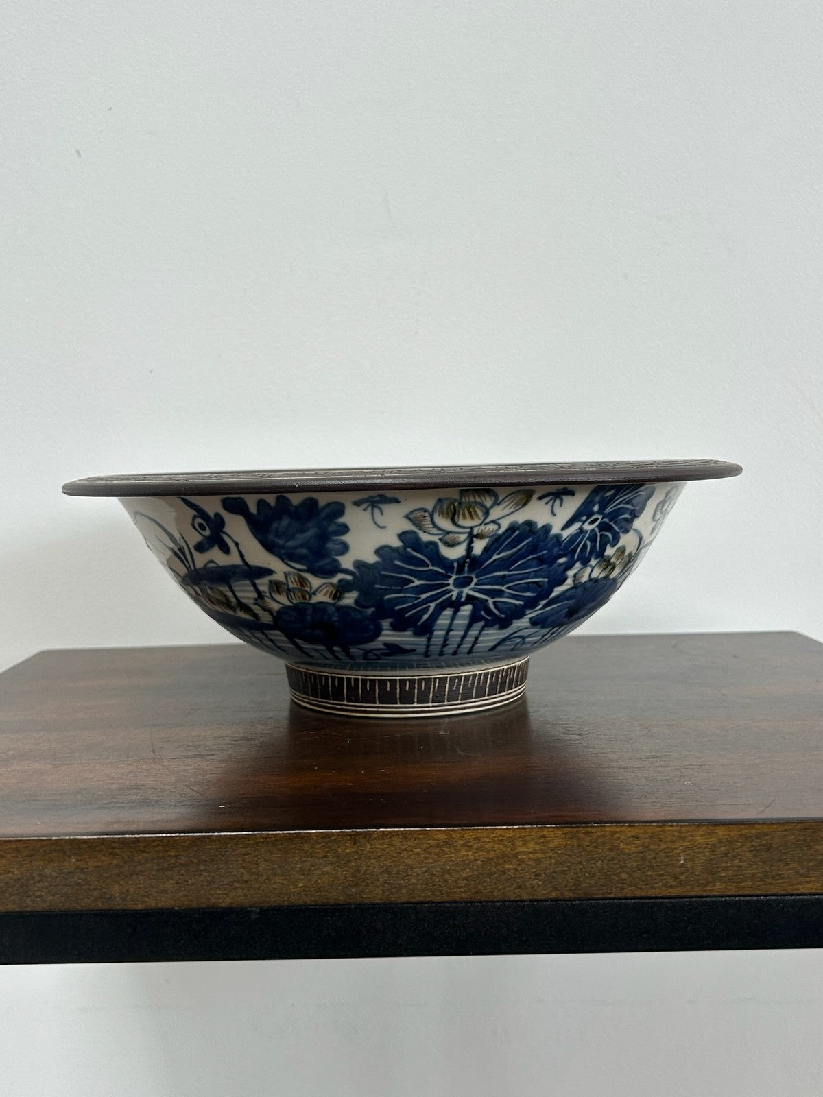 Antique Chinese Bleu de Hue Lotus Pond Bowl Metal Rim Vietnamese Market 26cm4