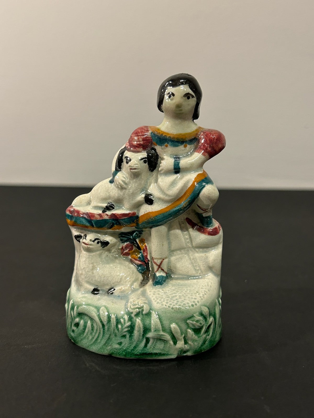 Antique Victorian Staffordshire Pottery Figure Girl with Dog and Lamb 10cm2