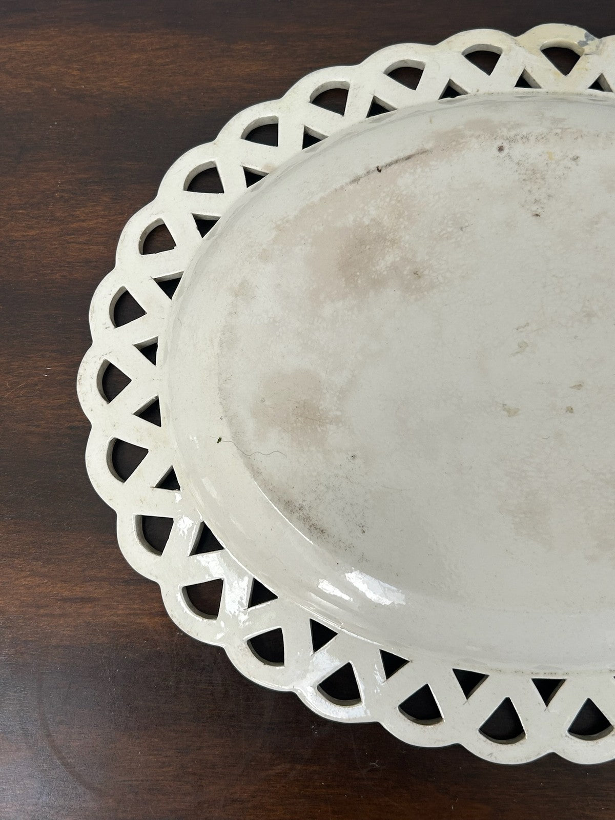 Antique Creamware Oval Dish Interlaced Pierced Border Brown Line5