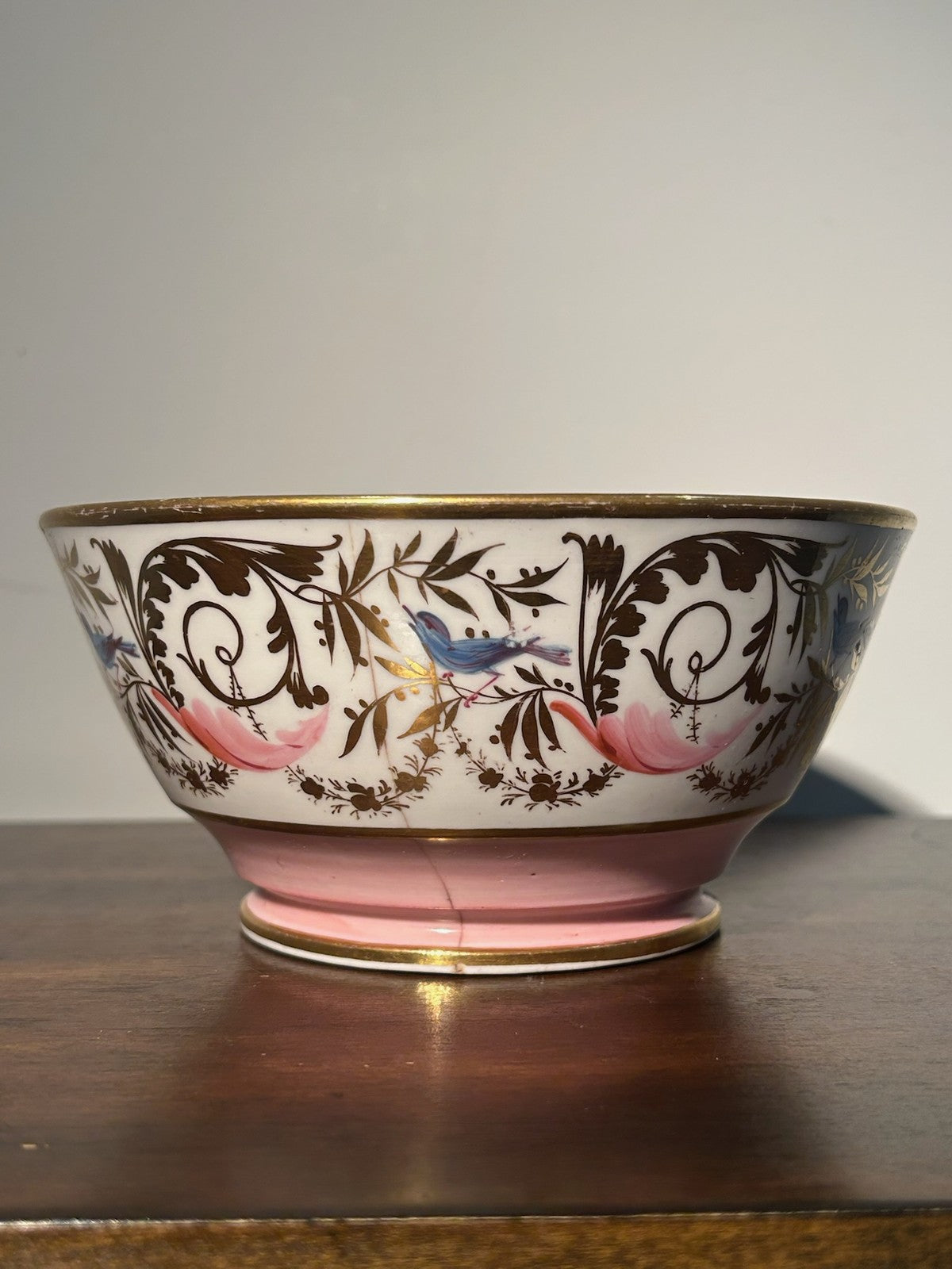 English Regency Porcelain Slop Bowl c.18201840 Hand Painted Birds Pink 17cm2