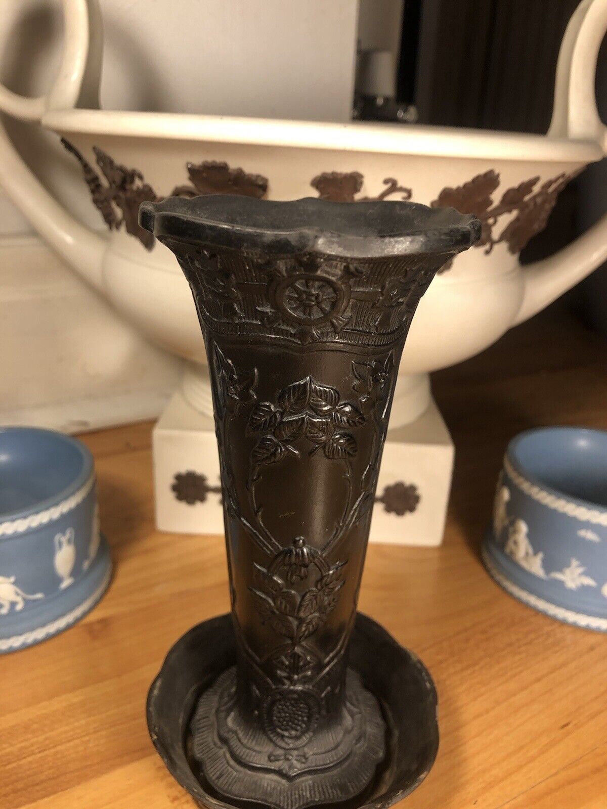 Wedgwood basalt vase and spill plate