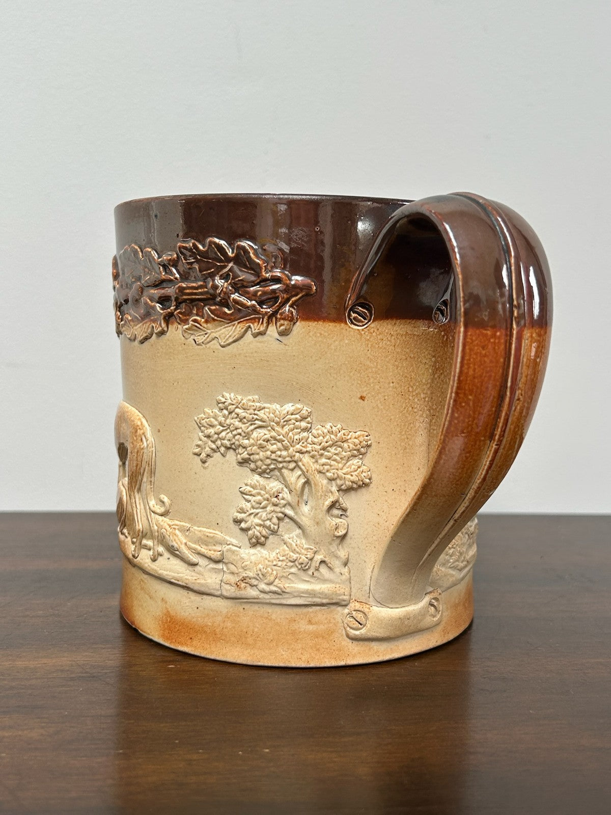 Antique Salt Glaze Stoneware Mug Hunting Relief 19thC Two Tone Brown1