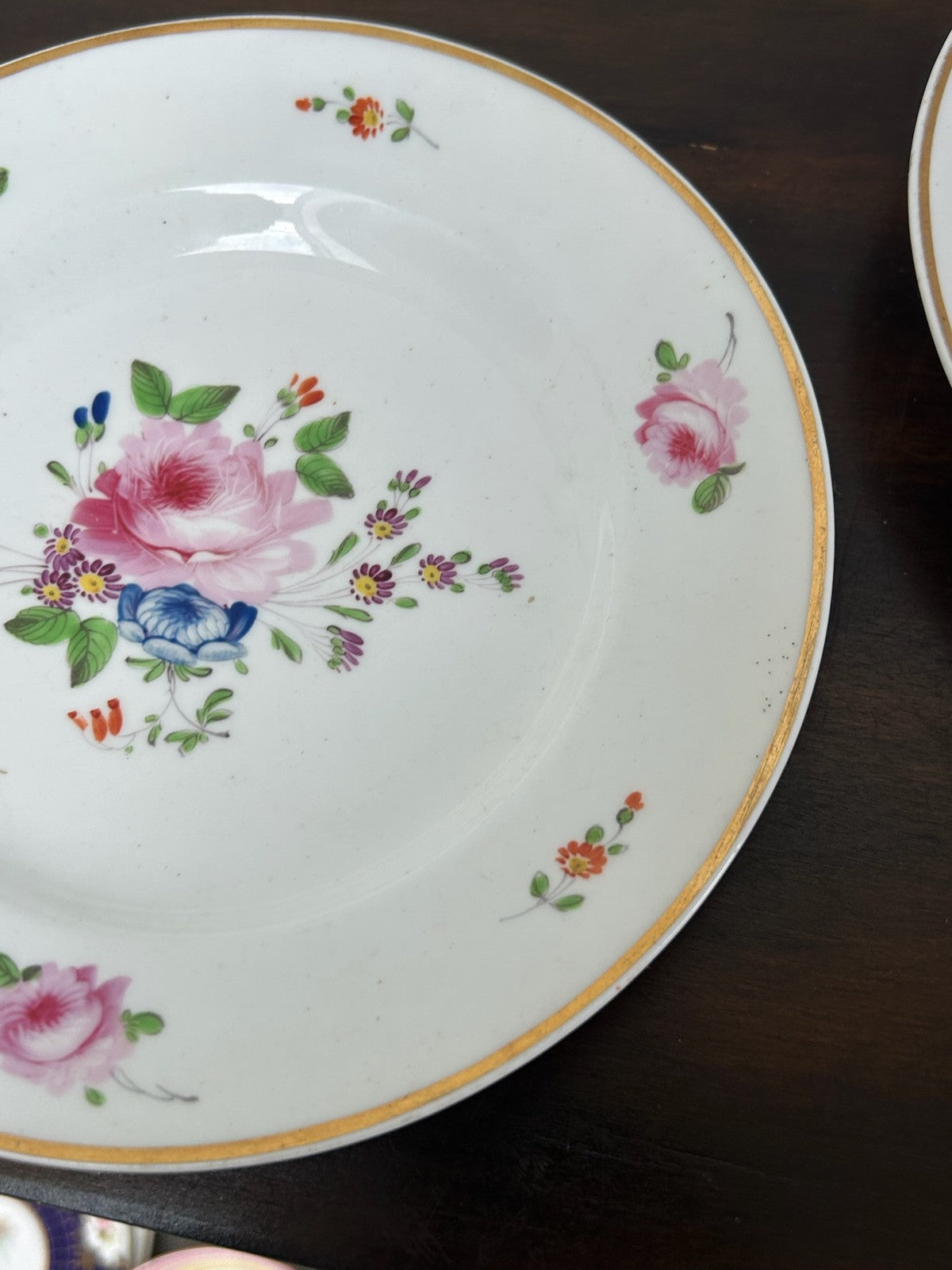Pair Antique Derby Porcelain Dessert Plates Pink Roses Red Crown Mark c.18103