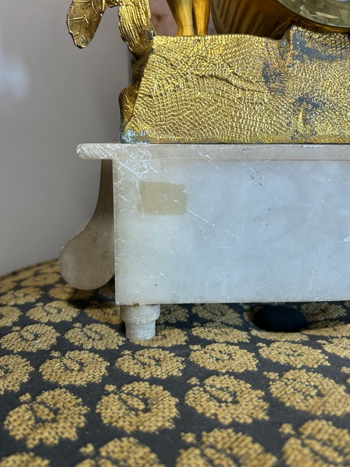 Antique French Gilt Metal Figural Mantel Clock White Marble Base Bell Strike14