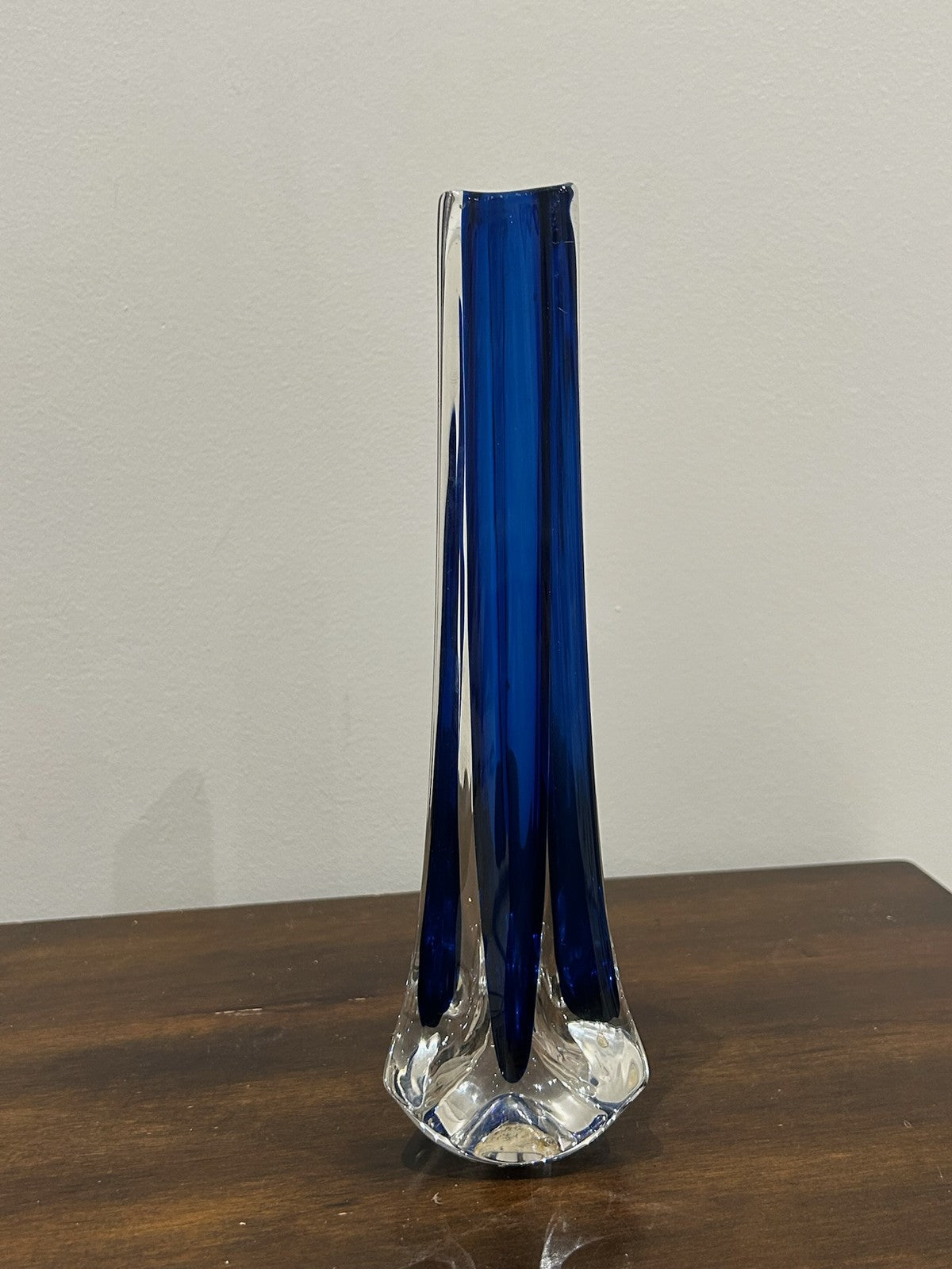 Mid Century Blue Cased Glass Bud Vase Clear Base0