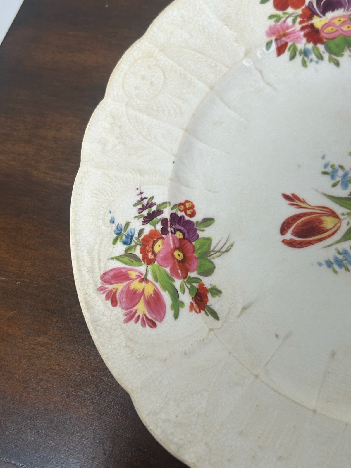 Antique Hand Painted Moulded Rim Dessert Plate Floral Bouquets Tulip1