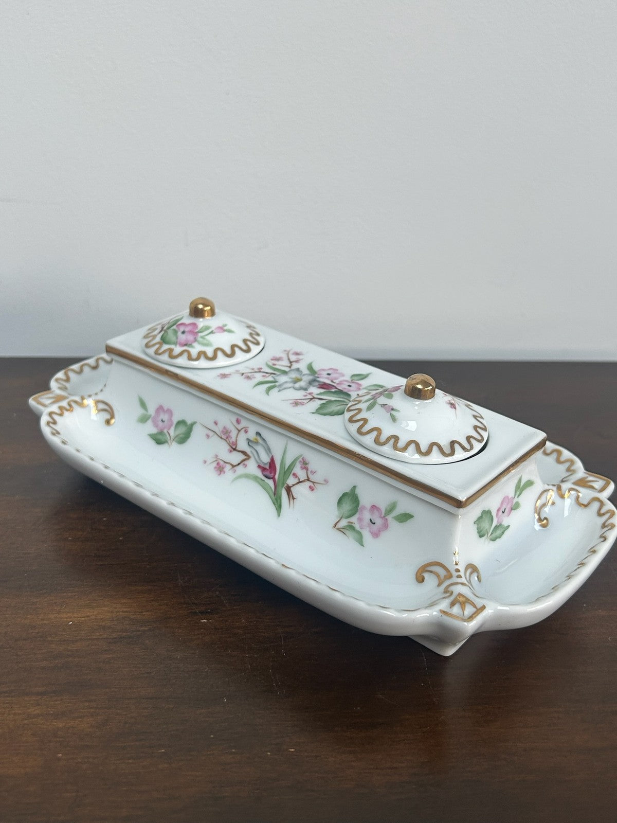 Continental Porcelain Inkstand Pen Tray Prunus Floral Gilt with Lids1