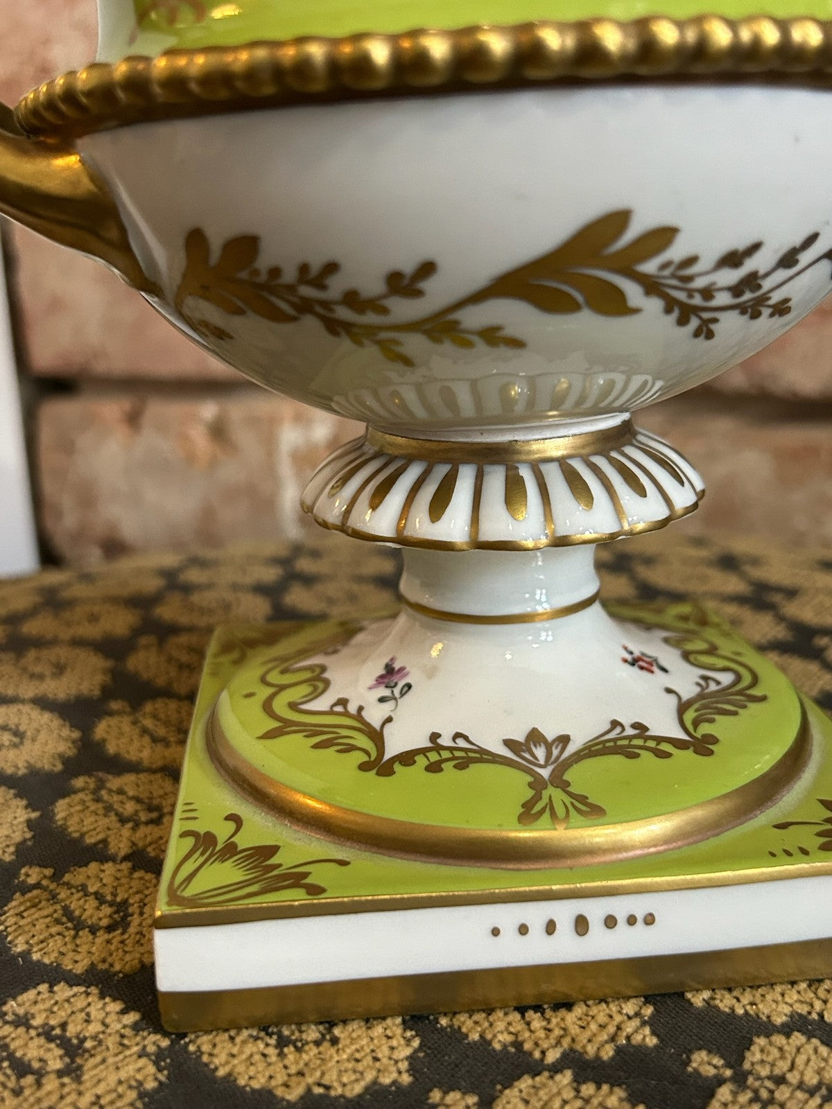 Dresden Porcelain Twin Handled Campana Urn Green Gilt Floral Reserves Plinth8