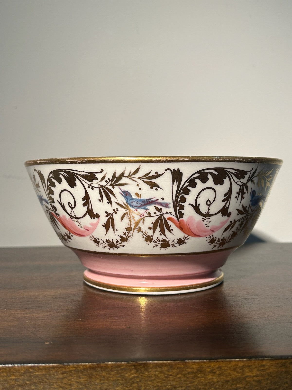 English Regency Porcelain Slop Bowl c.18201840 Hand Painted Birds Pink 17cm3