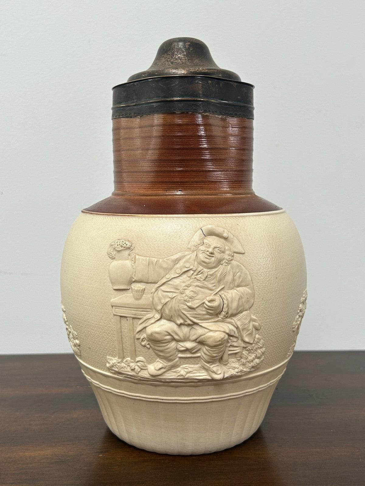 Large Turner Stoneware Jug Silver Lid 25cm c1800 Sprigged Hunting Georgian0