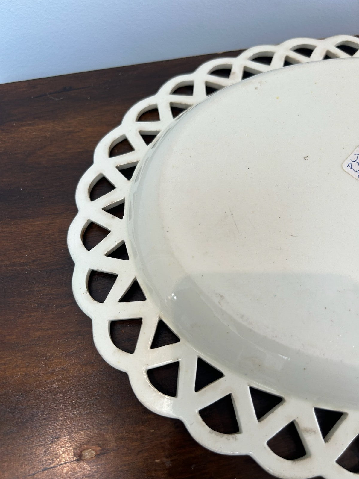 Antique Creamware Oval Dish Pierced Lattice Rim Painted Leaf Border c1800 30cm6