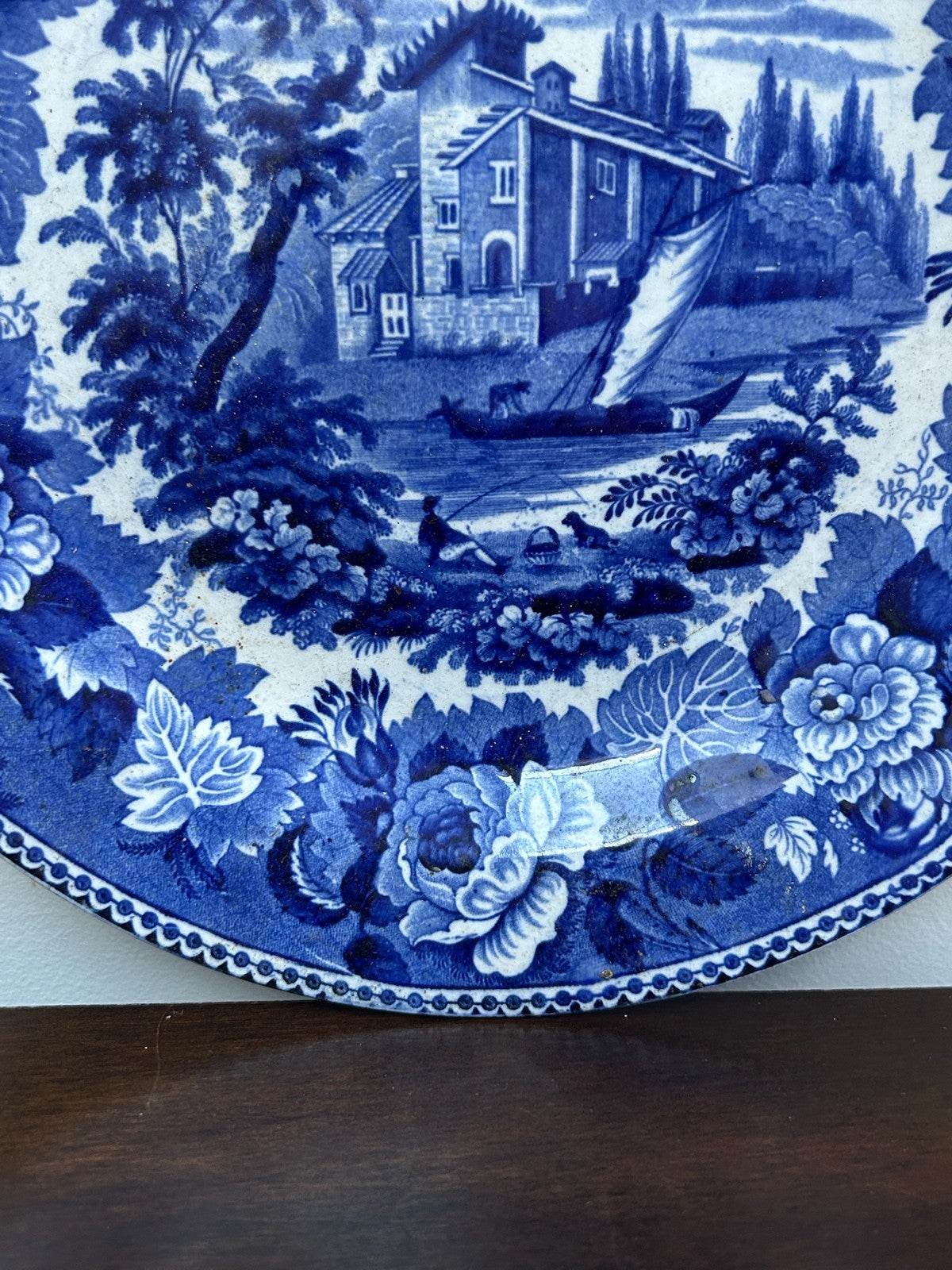 Antique Staffordshire Dark Blue Transferware Plate c1820 Castle Ruins Floral4