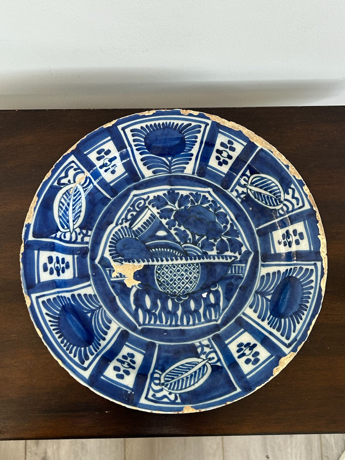 Antique 18th Century Delft Blue & White Charger Floral 26cm0
