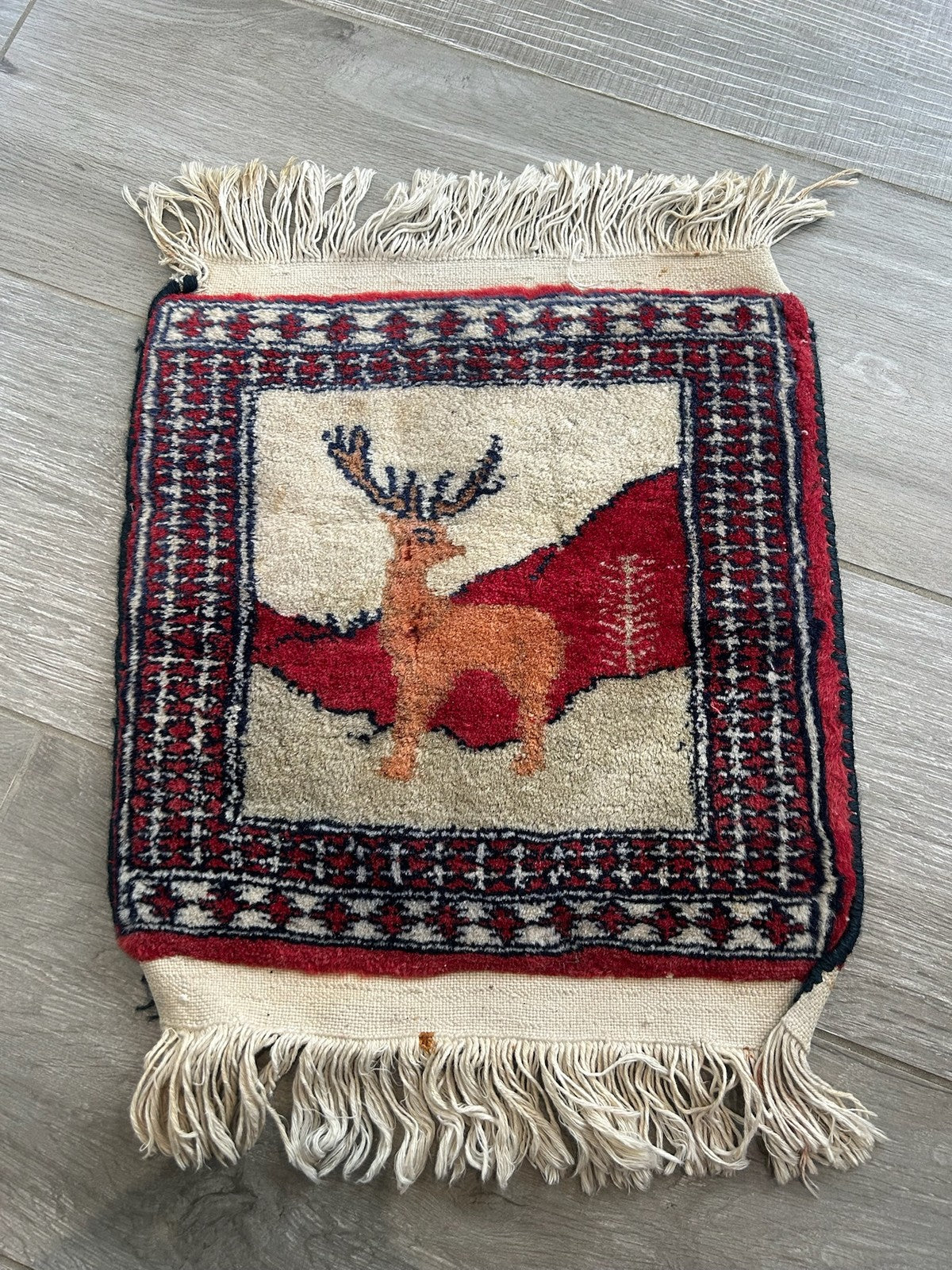 Vintage Hand Woven Small Display Rug Reindeer Pictorial Gabbeh Wool 33x38cm0