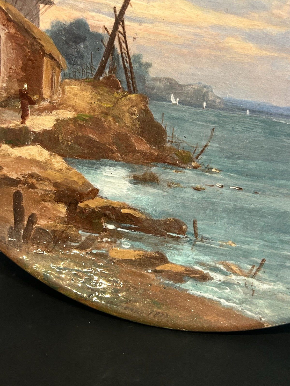 Clement Massier Vallauris Hand Painted Plate Coastal Windmill Scene 21cm4