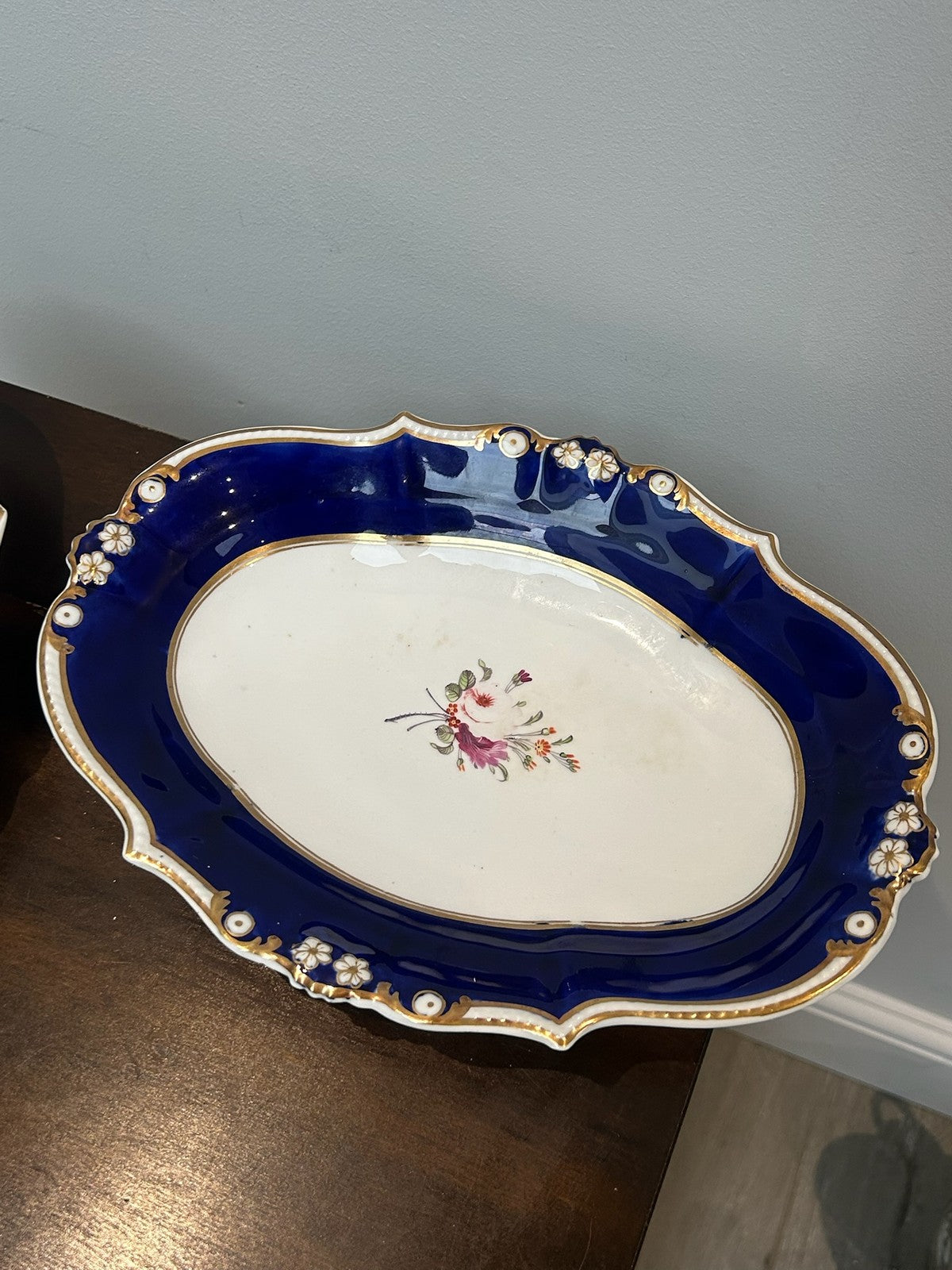 Pair Bloor Derby Oval Dessert Dishes Cobalt Gilt Borders Floral Sprays c.18309